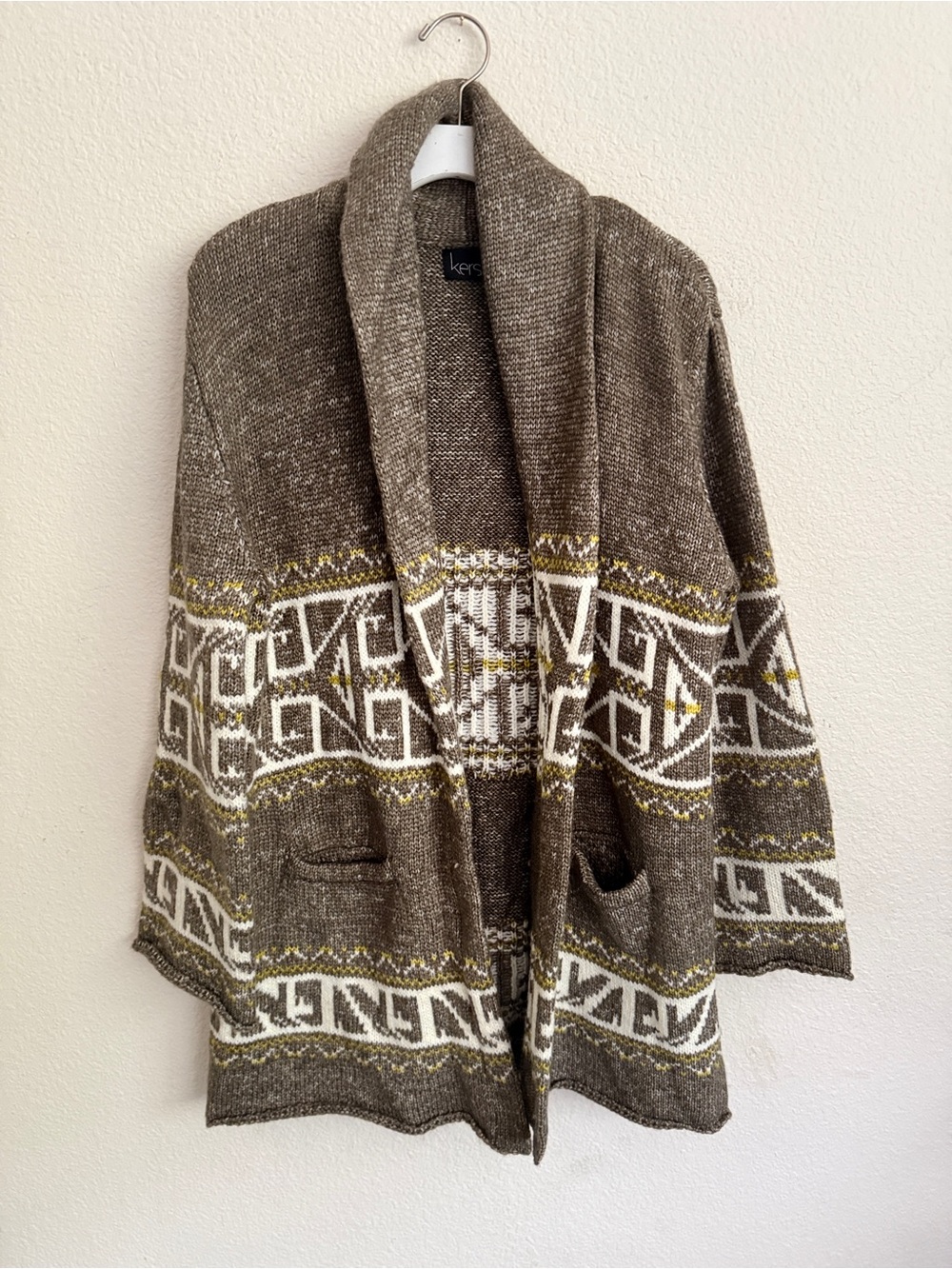 Kersh Brown, Cream & Yellow Geometric Shawl-Collar Cardigan